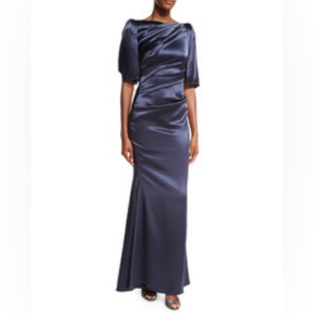 NEW Talbot Runhof Lobata Capelet Cape Back Satin Gown Navy Blue Size 4 NWT